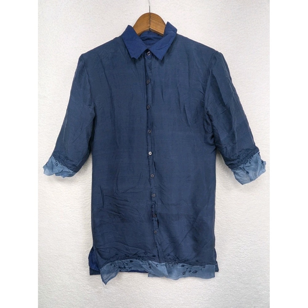 Silkland Women's Blue Button Up Shirt 100% Silk Sheer Overlay Ruffle Hem M